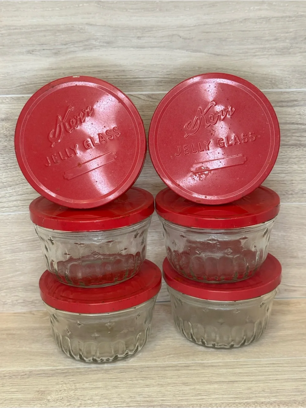 Vintage 1940’s -1950’s Kerr Ribbed Glass Jelly Jam Jars with Red Lids - Set of 6
